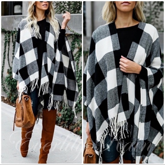 Black & Winter White Buffalo Plaid Poncho - Picture 5 of 9